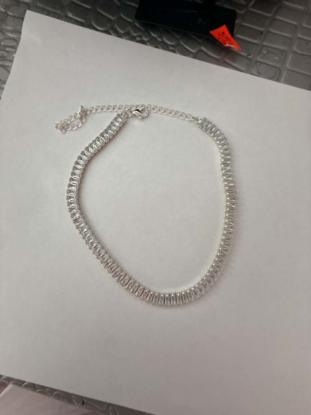 Crystal Baguette Tennis Choker Necklace Silver Tone